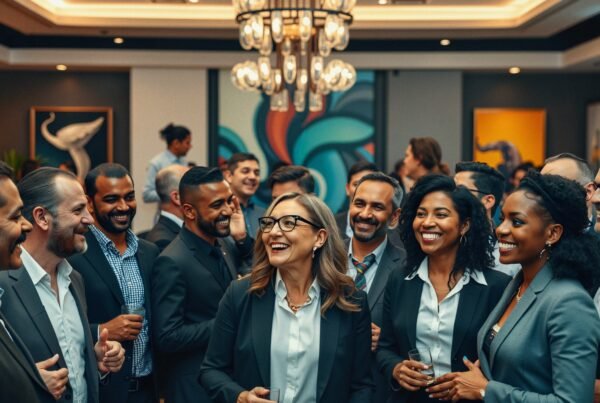 A lively professional networking event with diverse attendees engaging in conversation.