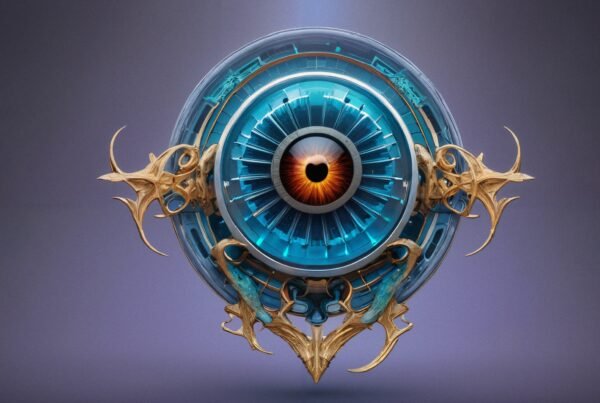A detailed mechanical eye with vibrant orange iris and intricate gold embellishments set on a gradient purple background, combining futuristic technology and steampunk design.