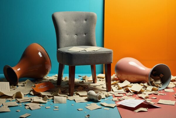 Gray chair amid colorful chaos.