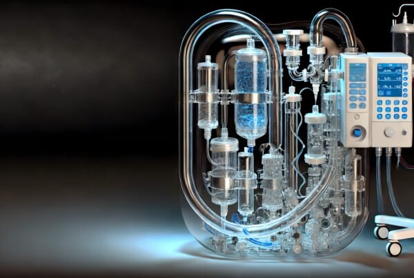 A modern medical device featuring transparent tubing and digital controls, set against a dark, high-tech background, showcasing advanced healthcare technology.