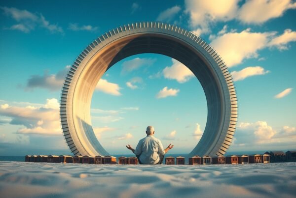 A contemplative figure meditates before a large circular structure under a blue sky.