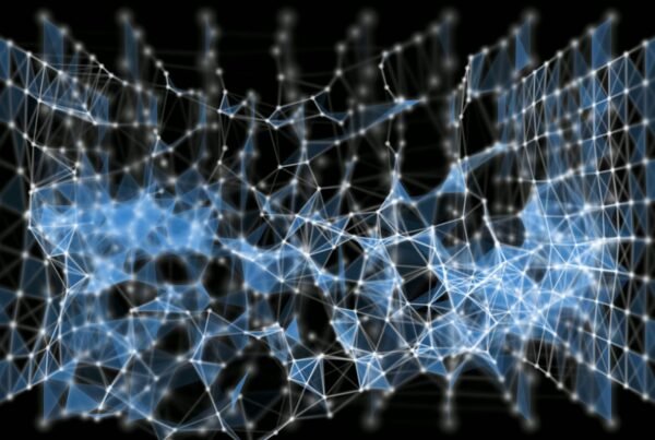 A network of interconnected nodes and lines creating an animated 3D lattice structure. Video animation loop.