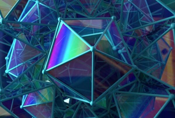 An animation loop of a complex 3D geometric structure featuring an iridescent blue icosahedron surrounded by interconnected lines, set against a colorful abstract background.