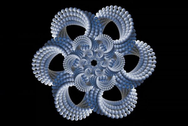 Intricate 3D fractal design featuring interconnected spherical patterns on a black background, creating a symmetrical and floral geometric 3D animation loop.