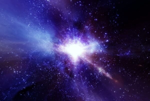 This 3D animation loop depicts a vibrant cosmic scene of a galaxy and nebula.