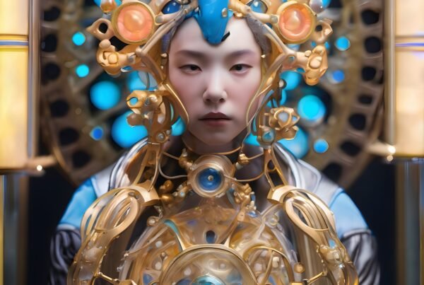 A futuristic figure in ornate golden attire with blue headpiece against a glowing background.