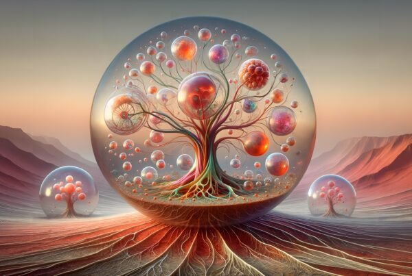 A surreal landscape featuring large orbs enclosing abstract tree-like structures with vibrant, colorful spheres against a pastel sky.