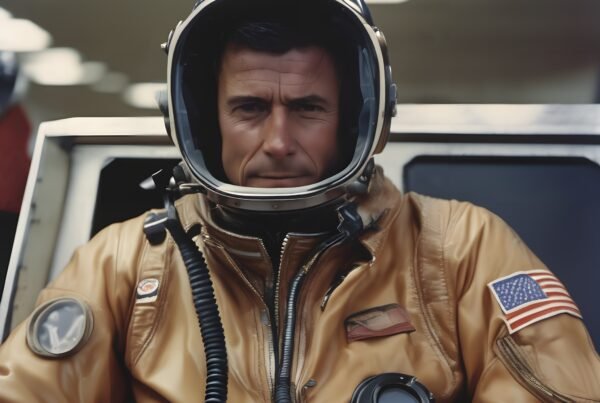 Astronaut in vintage space suit inside a cockpit with reflective helmet and American flag.
