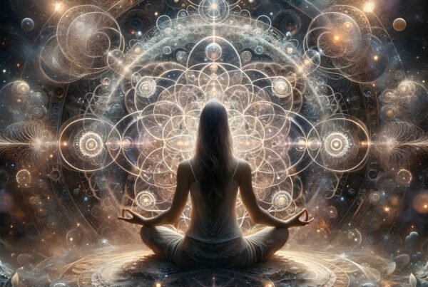 A person in a meditative pose with an elaborate cosmic and spiritual backdrop.