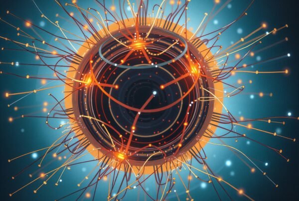 Abstract digital sphere with vibrant, glowing filaments radiating energy in a futuristic design.