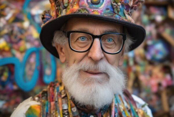 Elderly man in colorful artistic attire.