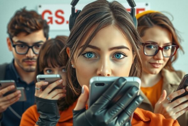 A group of young adults intently focused on their smartphones, embodying modern digital engagement and connectivity.