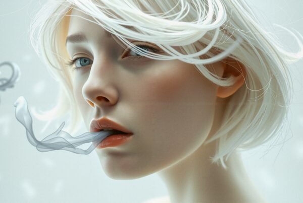 A dreamy portrait of a woman with platinum blonde hair exhaling delicate, swirling smoke in soft lighting.