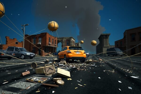 An orange car on a debris-filled street with floating spheres.