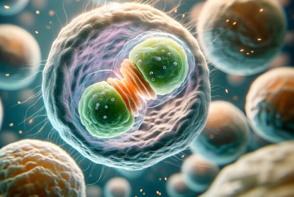 A close-up, highly detailed macro image showcasing the process of cell division.