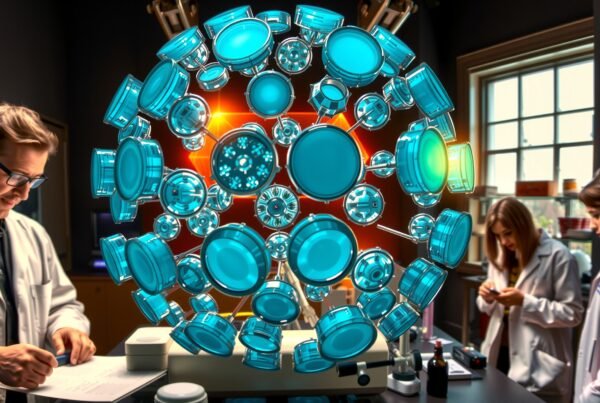 A team of scientists in a modern lab investigates a glowing molecular structure visualization.