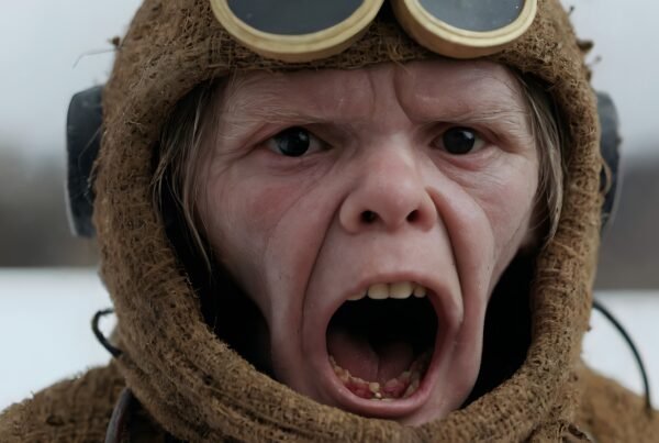 Person wearing aviator helmet showing intense expression.