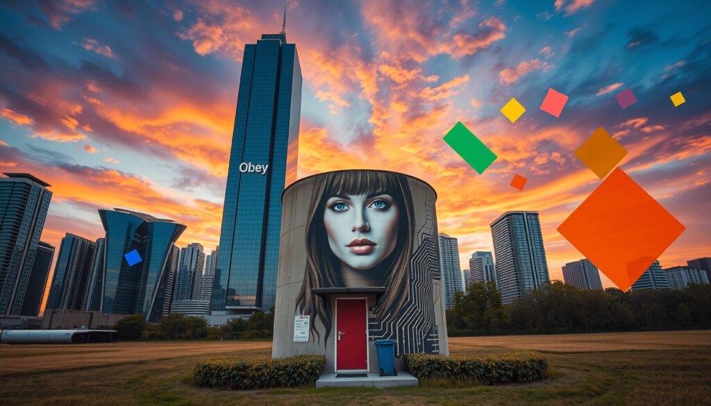 Urban Cyberpunk Mural with ‘Obey’ Skyscraper