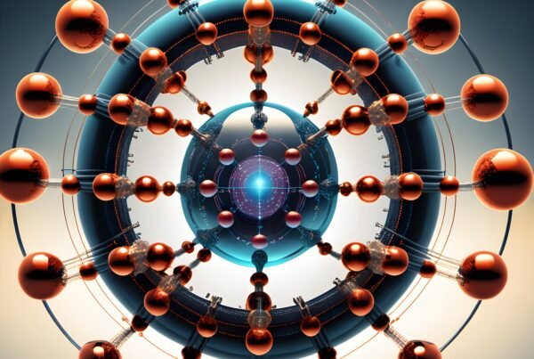 Intricate network of metallic spheres with wire connections and glowing center, showcasing futuristic design.