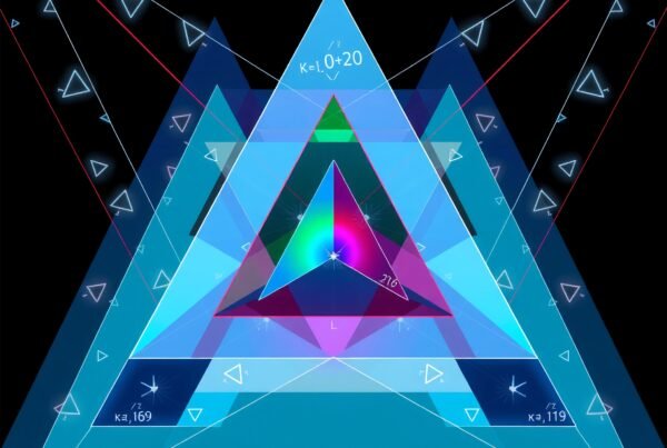 Intricate geometric artwork with vibrant overlapping triangles and mathematical annotations on a black background.
